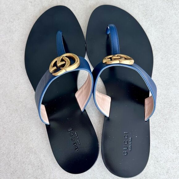 Gucci GG Marmont Sandals Navy Blue Leather Thong Flats Flip Flops EU 39.5 US 9.5 - Picture 3 of 12